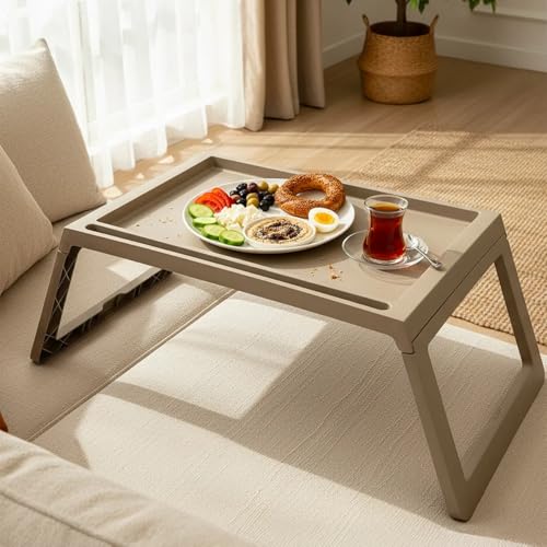 Katlanabilir Yatak Üstü Laptop Sehpası ve Kahvaltı Masası - Tablet ve Telefon Standlı Çok Amaçlı Portatif Çalışma Sehpası (56x36x26 cm) (Toprak)