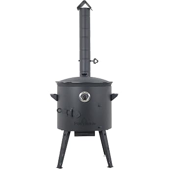 Utschak Fire Oven Diameter 40 cm with Thermometer and Cast Iron Pot 12 L Diameter 42.5 cm Kazan Set with Lid Outdoor Fire Bowl & Goulash Cannon Uzbek Cast Iron Cooking Pot Garden Kitchen