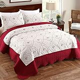 3 Pcs Embroidered Quilt King Size Floral Bedspread Soft Breathable Flower Coverlet Burgundy White Be