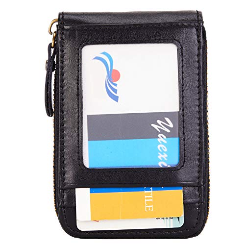 Image of Vintage Handmade Full Leather Front Pocket Wallet RFID Blocking Multi Card Case with Zipper Pocket for Men Women with Box Packing (Black)