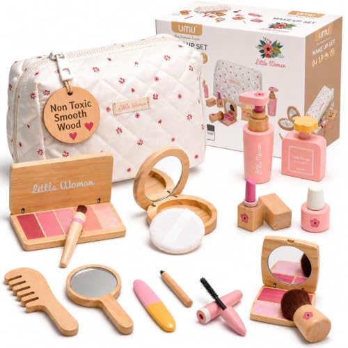 Treasdamic Wooden Makeup Toy Set for Girls - Pretend Play Makeup Kit for Toddlers 3-5 with Eyeshadow/ Mascara/ Perfume/ Blush/ Mirror/ Bag Birthday Gifts for Girls Toys Kids Aged 3 4 5 6 7 8