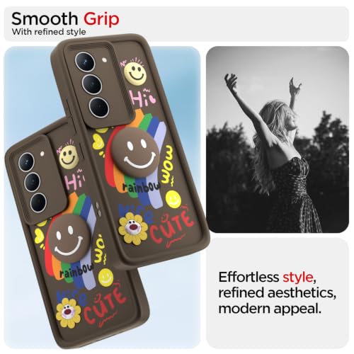 Image of Pikkme Back Cover for Realme Narzo 80x 5G / Realme P3x 5G / Realme 14X 5G | Soft Silicone| Cute Rainbow Smile & 3D Cartoon Flower Design | Shockproof Raised Camera Protection Bumper Case (Brown)