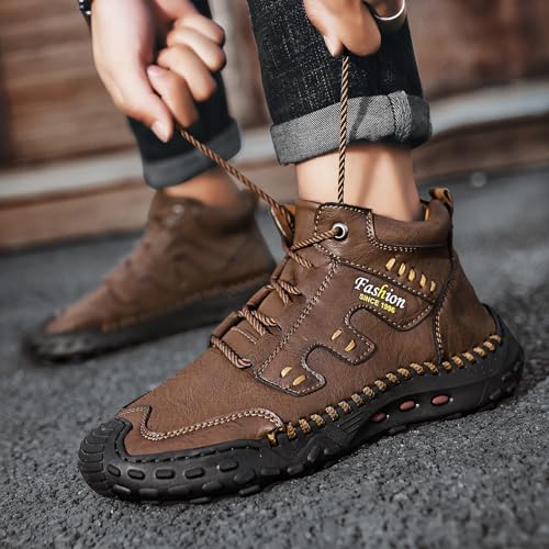 Men's Leather Platform Lace-Up Fashion Retro Hiking Boots Comfort Round Toe Handsewn Lightweight Non Slip Chukka Boots With Fur Lining For All Seasons4