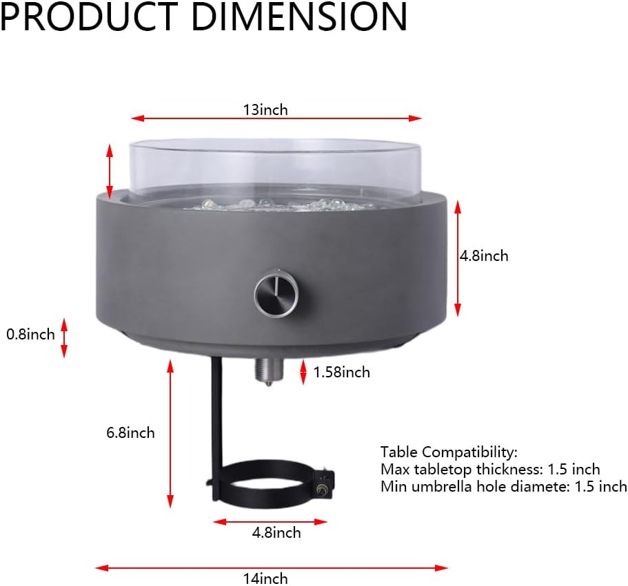 14-inch Table Top Fire Pit with Glass Windscreen, 10,000 Btu, CSA-Certified, Portable Table Top Fire Place, Suitable for Outdoor Patio Tables with Umbrella Holes