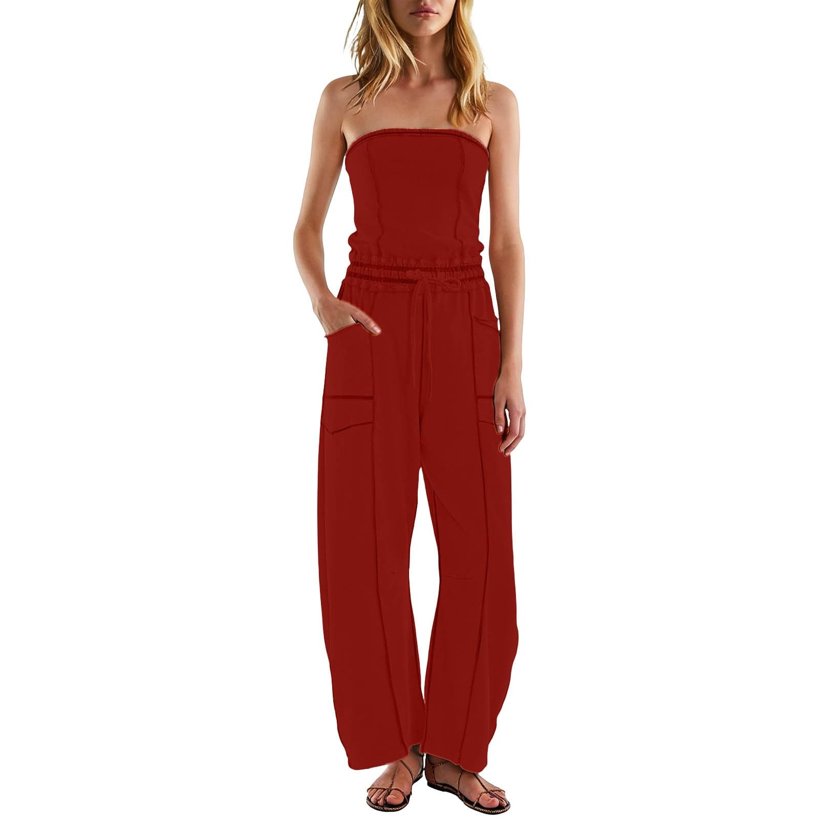 Tuta lunga estiva da donna, sexy, con tasche, ampia | Tuta intera con gamba, tinta unita, per il tempo libero, con coulisse, elegante, leggera, per tutti i giorni e le vacanze