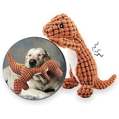 Andiker Stuffed Dog Toy Plush Dog Toy Corduroy Durable Interactive Toy Includes Plastic Noise-making Squeaker Dinosaur Shape Plush Toy (orange) Cover