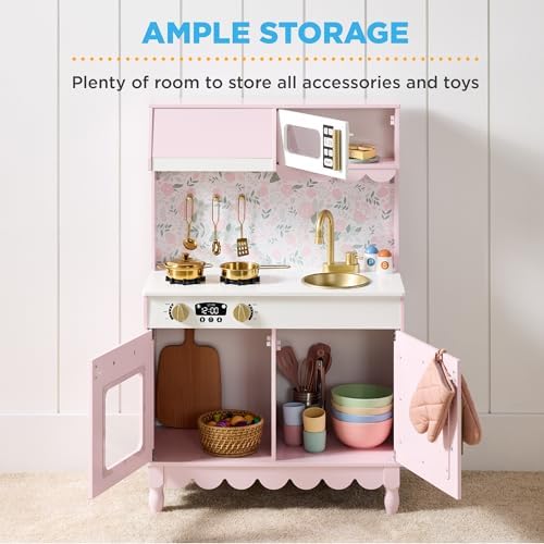 Best Choice Products Toddler Kitchen Playset, Wooden Cottage Kids Play Kitchen with 5 Accessories, Toy Storage, Scalloped Edge, and Pretend Play Microwave, Oven, Clicking Knobs - Pink - 1