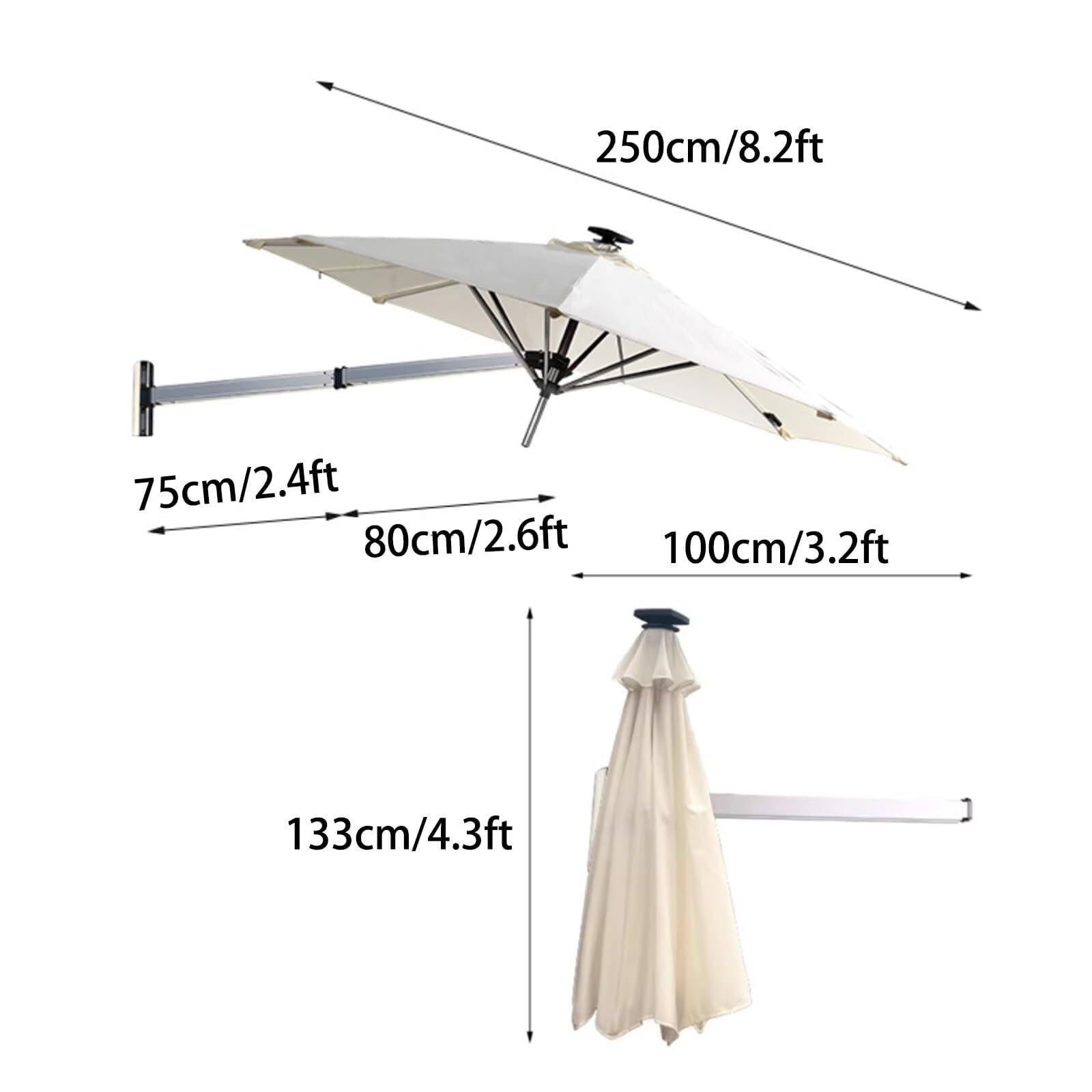 Solarny parasol tarasowy, naścienny, aluminiowa rama, parasol przeciwsłoneczny, przechylany parasol ze światłami LED