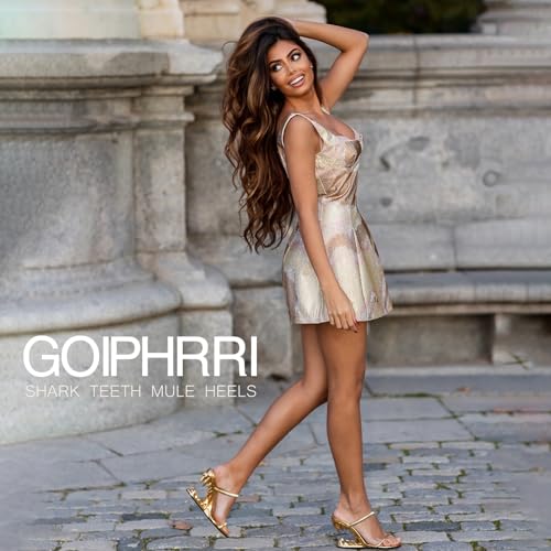 Image of Goiphrri Wedge Sandals for Women Strappy Heels Round Open Toe Heels Metallic Shark Tiger Teeth heeled Sandals Flip Flops Thong Womens Mules Slip on Party Dress Wedding Ceremony
