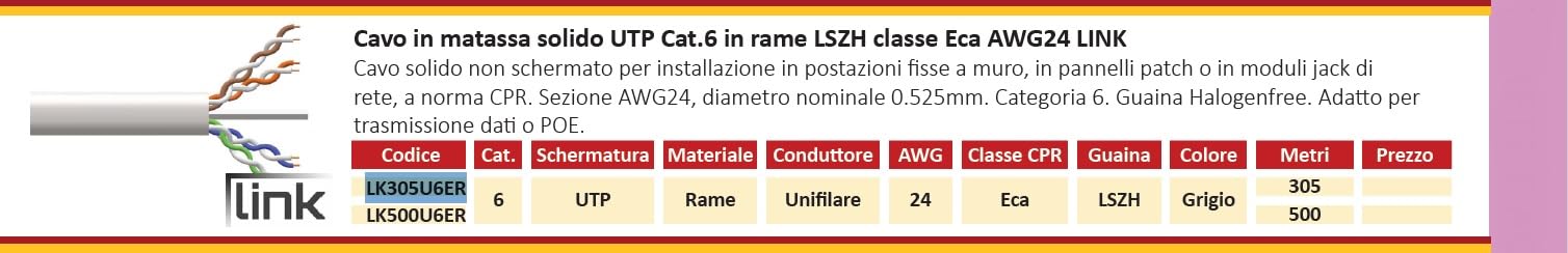 LINK LK305U6ER - Cavo di rete UTP categoria 6 matassa (305 m, grigio) – Conduttori solidi in rame AWG24 a 4 coppie – Guaina LSZH senza alogeni e certificazione CPR classe Eca
