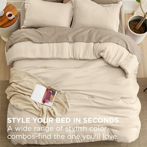 Image of Bedsure Queen Comforter Set - 7 Pieces Light Beige Queen Bedding Set for All Seasons, Boho Contrasting Design Bed in a Bag with Comforter, Sheets, Pillowcases & Shams