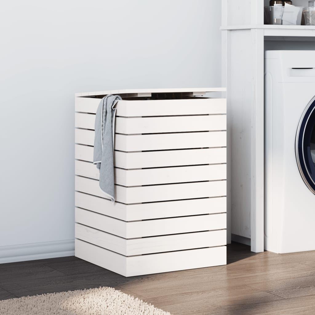 White Wooden Laundry Basket with Lid, 17.3 x 17.3 x 26 Inch Solid Pine Wood Hamper, Rustic Storage Bin for Bedroom, Bathroom, and Nursery Organization