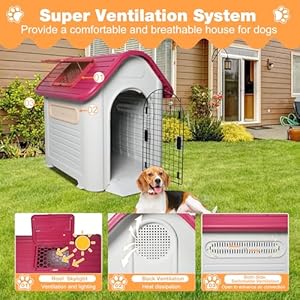 Red Sloped Roof Dog House for Small to Medium Dogs Outside, 38″ Height Plastic Puppy Shelter All Weather Pet House with Elevated-Floor Durable House with Air Vents, Up to 28lbs