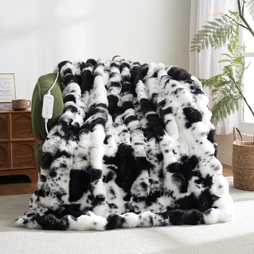 Cow Print Heating Throw Blankets Luxurious Western Soft Bubble Faux Rabbit Fur 8 Heat Settings Overheat Protection Quick Heating Electric Heated Blanket 50x60(Black)