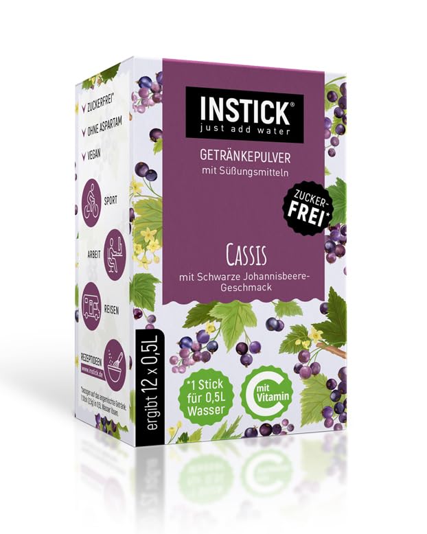 Instick Bebida instantánea sin azúcar (Cassis) – 1 paquete para 12 x 0,5 – 1 l – Polvo vegano de bebida baja en calorías y vitamina C – Polvo instantáneo