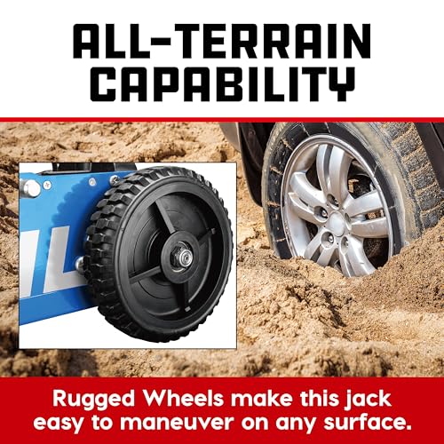 Image of Powerbuilt 2.5 Ton Big Wheel Off Road Jack, Vehicle Lift for Trucks, SUVs, ATVs Offroad Vehicles, Oversized Wheels for Rugged Terrain, 5000 LB Capacity, Blue 620620ECE
