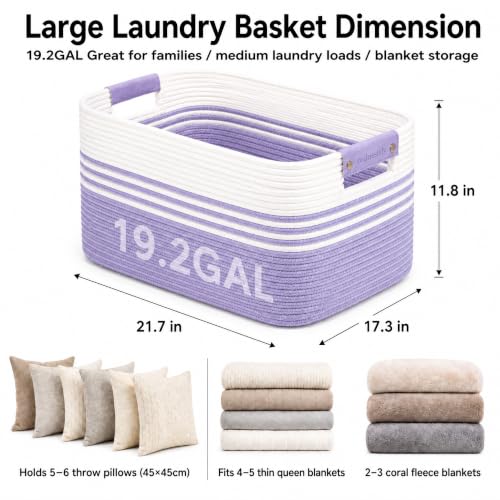 Image of 19.2GAL Sturdy Large Laundry Basket with Handles for Bathroom, Dorm Dirty Clothes, Portable Aesthetic Boho Cute Woven Storage Blanket Baskets for Living Room Decor Girls Boys Pets Toys White Green
