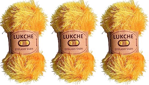 Image of Eyelash Fun Fur Yarn Premium 100% Polyester 164 Yds (150 Mt), 3.53 Oz (100 Gr) Colorful Crochet Yarn Dıy Hand Knitting (Yellow, 3 Skein)