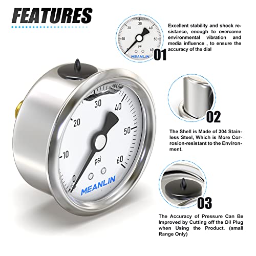 Image of MEANLIN MEASURE 0~60Psi Stainless Steel 1 /4 inch NPT 2.5 inch Single Scale FACE DIAL, Glycerin Filled Pressure Gauge, Pool Sand Filter, Back Mount, with 1 /2 inch NPT and 3 /8 inch NPT Hex Bushing