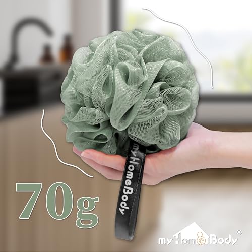 myHomeBody Large 70g Loofah Sponge, Bath Body Scrubber for Women, Men, Exfoliating Shower Pouf with Activated Charcoal - 2 Graphite Gray + 1 Sage Green, 3 Pack - Image 6