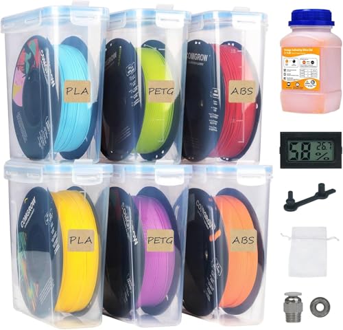 Comgrow フィラメント収納ボックス 6個セット – 3Dプリンターフィラメント用密閉保管ケース – 乾燥剤・温湿度計・ベアリング付き ラベル付き 持ち運び便利 3D 印刷用フィラメント保管ケース 密封・防湿・防水・防塵仕様 4.0L（約22.9×20.3×7.6cm）