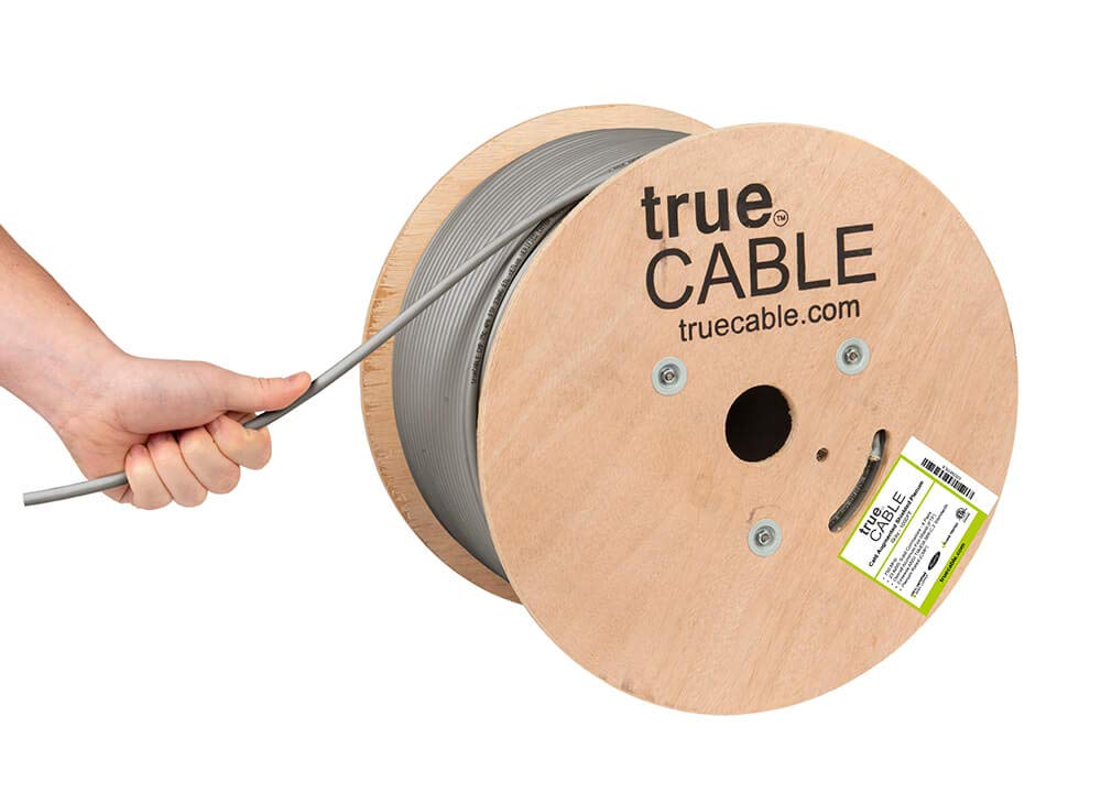trueCABLE Cat6A Shielded Plenum (CMP), 1000ft, Gray, 23AWG Solid Bare Copper, 750MHz, PoE++ (4PPoE), ETL Listed, Overall Foil Shield (FTP), Bulk Ethernet Cable