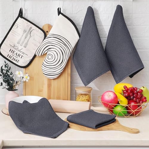 Image of Kitchen Cotton Lint Free Waffle Weave Hand Towels, Quick Drying Dish Cloths, Highly Absorbent Dish Rags Tea Towels Set with Hanging Loop, 13.4 inchx 13.4 inch, Dark Grey, Pack of 4