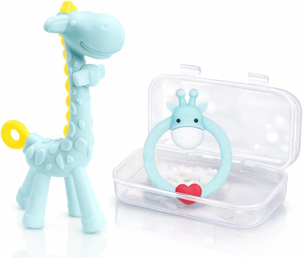 SHARE&CARE BPA Free Silicone Giraffe Baby Teether Toy with Storage Case, for 3 Months Above Infant Sore Gums Pain Relief and Baby Shower, Baby Teething Toys (Blue)