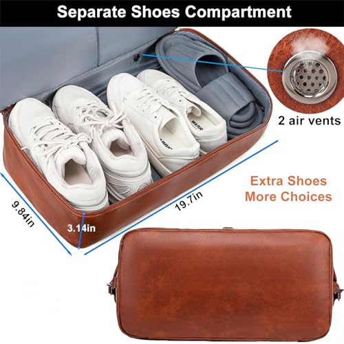 Image of weiatas Faux Leather Travel Duffel Bag for Women Men, Large Weekender Overnight Bag with Shoes Compartment, Waterproof Carry On Bag Travel Tote Bag Gym Bag with Luggage Strap, Brown, Large, Duffle Bag