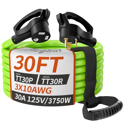 PlugSaf 30 FT 30 Amp RV Extension Cord Outdoor with Grip Handle 10/3 Gauge Flexible Heavy Duty RV Power Cord Waterproof NEMA TT-30P to NEMA TT-30R 10AWG 125V 3750W STW Green-Black ETL Listed