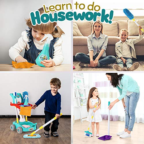 KLT Kids Cleaning Set, Pretend Play Detachable Housekeeping Cart, Montessori Toddler Toys, Cleaning Supplies Toy for Kids Toddler Boy and Girl with Kids Broom and Dustpan Set Cleaning Tools 11 Pcs - Thumbnail 4