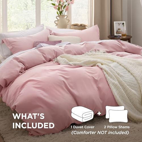 image for Bedsure Pink Duvet Cover Queen Size - 3 Pieces Prewashed Cotton-Like E