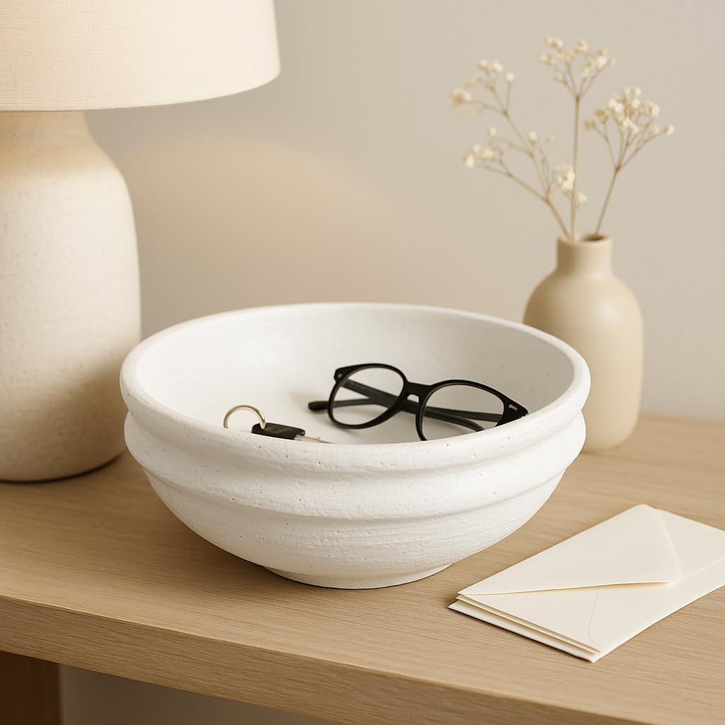 Ceramic Decorative Bowl – Tabletop Decor for Coffee Table or Entryway, Pottery Bowl for Layered Styling – Casual Textured Home Decor Accent for Living Room, Aesthetic Bowl – 6x12, White