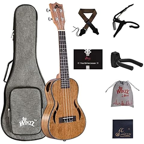 WINZZ AU88LAB Walnut Concert Ukulele Side Sound Hole Arched Back with Online Lessons, Gig Bag, Strap, Capo, Wall Hanger, 23 Inches Cover