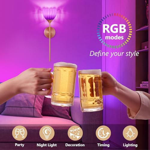 Image of Vintage Battery Operated Wall Sconce Set of 2, White Tulip Glass Lampshade Wireless 5300 mAh Rechargeable Battery Powered LED Wall Light with Remote Dimmable for Bedroom Bathroom Living Room