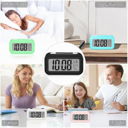 Miniatura 7 de Sarsumir Despertador Digital, Reloj Despertador Digital Pilas Inteligente Silencioso Con Luz Nocturna Led Despertador Con Función De Posponer Temperatura De Fecha Para Niños Infantil Adulto, Negro