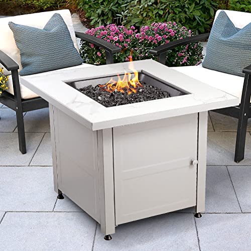 Endless Summer 30 Inch Square Outdoor Gas Fire Pit Table With Steel Mantel, Slate Finish, Black Fire Glass, And Protective Cover, Black Glass #TOP6