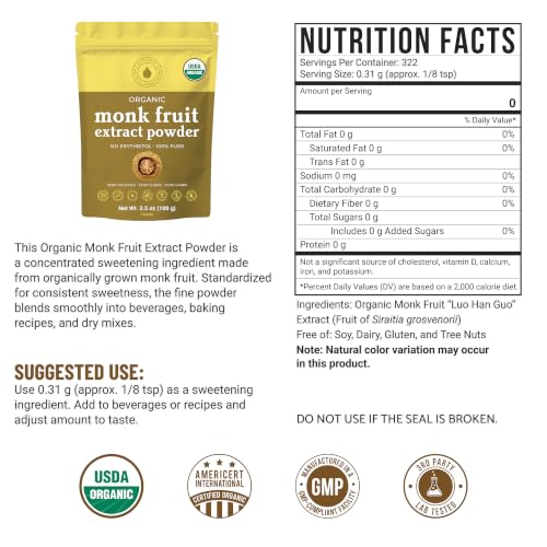 Organic Monk Fruit Extract Powder, 3.5 oz, Pure USDA Organic Monk Fruit Extract Sweetener with No Fillers, Zero Calories, Zero Carbs, Keto & Paleo Friendly Sugar Substitute, 322 Servings by Natri Sweet — view 2