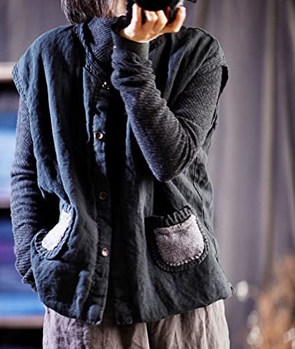 NFYM Women's Linen Vest Thin Quilted Mid Length Button Down Sleeveless Jacket with Hand Woven Pockets4