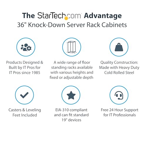 Image of StarTech 15U Enterprise-Grade Server Rack Cabinet, 19in Enclosed 4-Post Rack with 33in (83cm) Mounting Depth and 1764lb (800kg) Weight Capacity | 19in enclosed enterprise steel rack, Adjustable depth 5.7in-33in, Lockable vented doors, Casters & feet