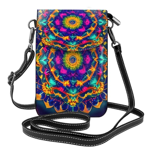 Petit sac à bandoulière réglable femme en cuir noir pour téléphone portable avec mandala