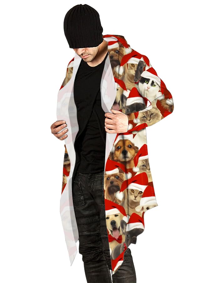 Poriff Mens Long Hooded Cardigan Christmas Long Sleeve Thin Cardigans Ruffle Shawl Collar Lightweight Drape Cape Overcoat Pockets XXL2