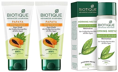 Image of Biotique Bio Papaya Visibly Flawless Skin Face Wash For All Skin Types, 150ml (Pack Of 2) & Biotique Morning Nectar Flawless Skin Moisturizer For All Skin Types, 190Ml