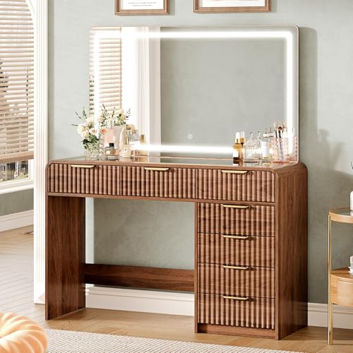 47Makeup Vanity Desk with 44.8 Mirror and Lights Vanity Desk with 7 Drawers Makeup vanity table with a glass tabletop 3 Color Modes & Adjustable Brightness Dressing Table Bedroom Walnut