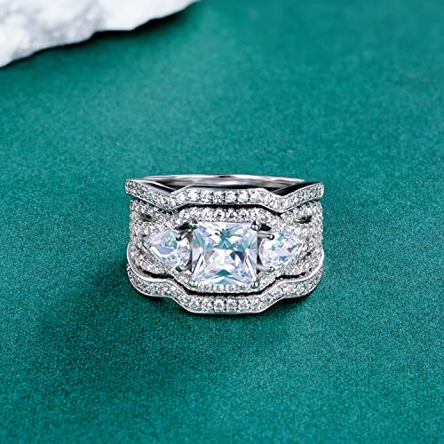 MDFUN Three-In-One Square Wedding Engagement Ring,18K White Gold Plated Cubic Zirconia Promise Eternity Ring Set for Women4