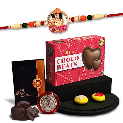 Image of DeoDap Multicolor Idol Ganesh Roli Chawal Gift Rakhi with Chocolate Beats 32gm, Silver Pooja Coin, Tilak Set, Greeting Card - Rakhi Gift for Brother