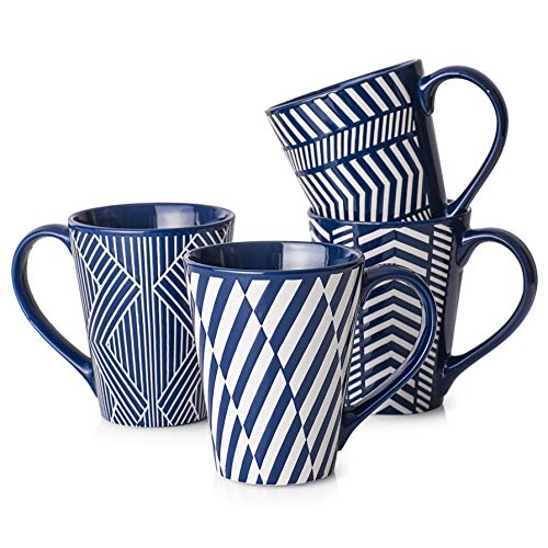 LIFVER Coffee Mugs Set Tall 17 Ounces Coffee Mugs Large Ceramic Mugs With Embossed Nordic Style Tall Coffee Mugs with Handle Modern Coffee Mug Porcelain Set Of 4 For Coffee Tea Cocoa Blue