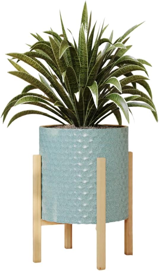 EverNest Mid-Century Modern Rhys Honeycomb Embossed Planter Pot with Kinsley Wood Stand, Metal Indoor Plant Pots, Blue Green Bohemian Style (Medium 2 Gallon)