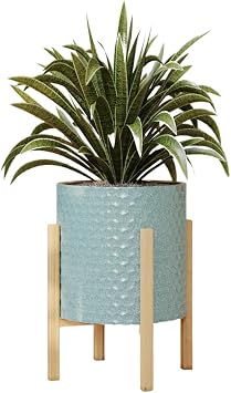 EverNest Mid-Century Modern Rhys Honeycomb Embossed Planter Pot with Kinsley Wood Stand, Metal Indoor Pots, Blue Green Bohemian Style Small, 1 Gallon