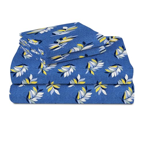 Image of BSB HOME 100% Cotton Double Bed Bedsheet Set | 144 TC Soft & Breathable | Blue White Leaf Print with 2 Pillow Covers | Wrinkle Free | for Bedroom & Gifting (90 x 90 Inches)
